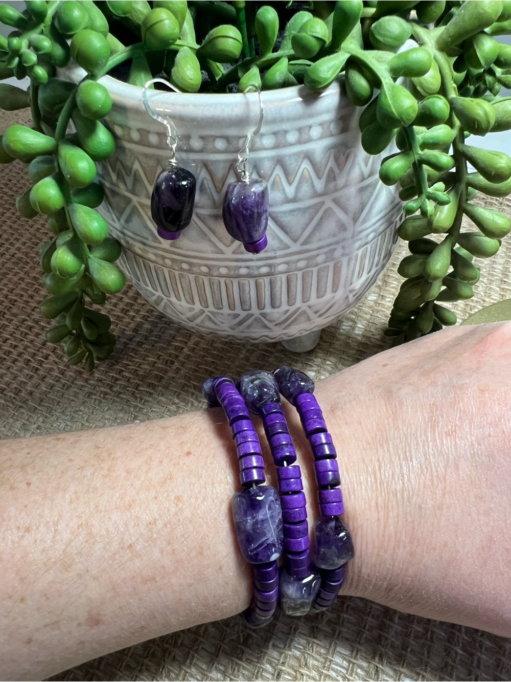Handcrafted Purple stone and amethyst memory wire wrap Bracelet & Earring Set.